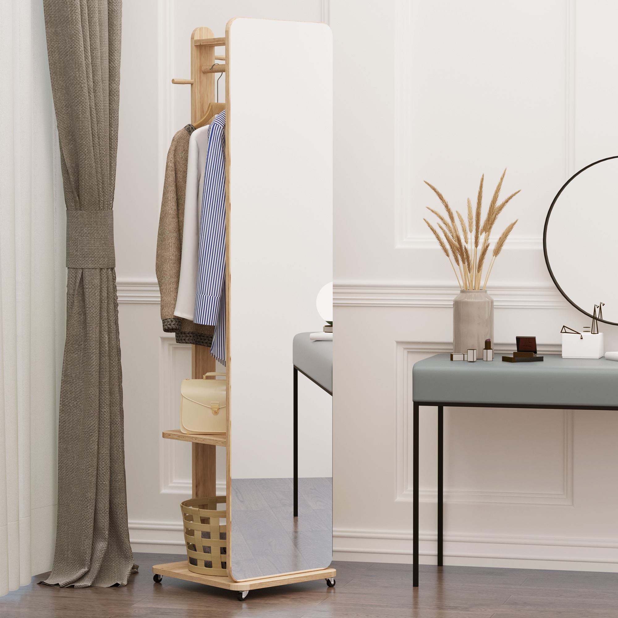 Miroir Sur Pied HOMCOM Avec Roulettes - Portant, 4 Patères, Étagère, Aspect Noyer, 170 Cm