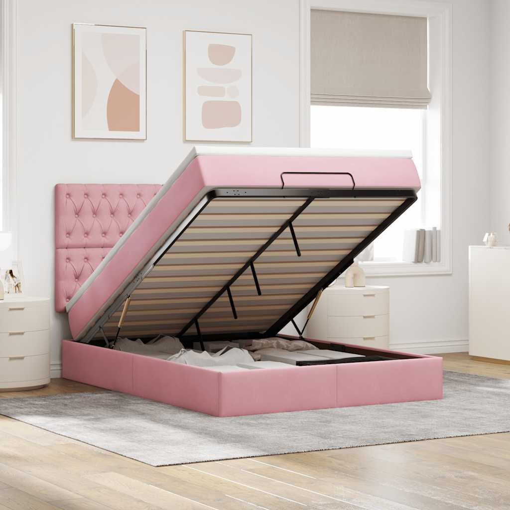Cadre De Lit Ottoman Avec Matelas Rose 140x200 Cm Velours