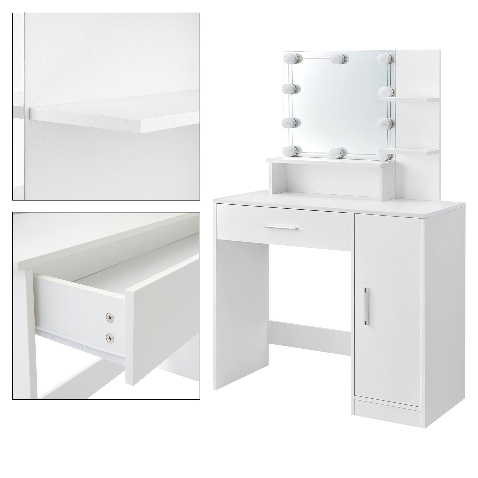 Meuble De Maquillage Coiffeuse En Mdf Avec Miroir Tiroir Et Guirlande Led Blanc