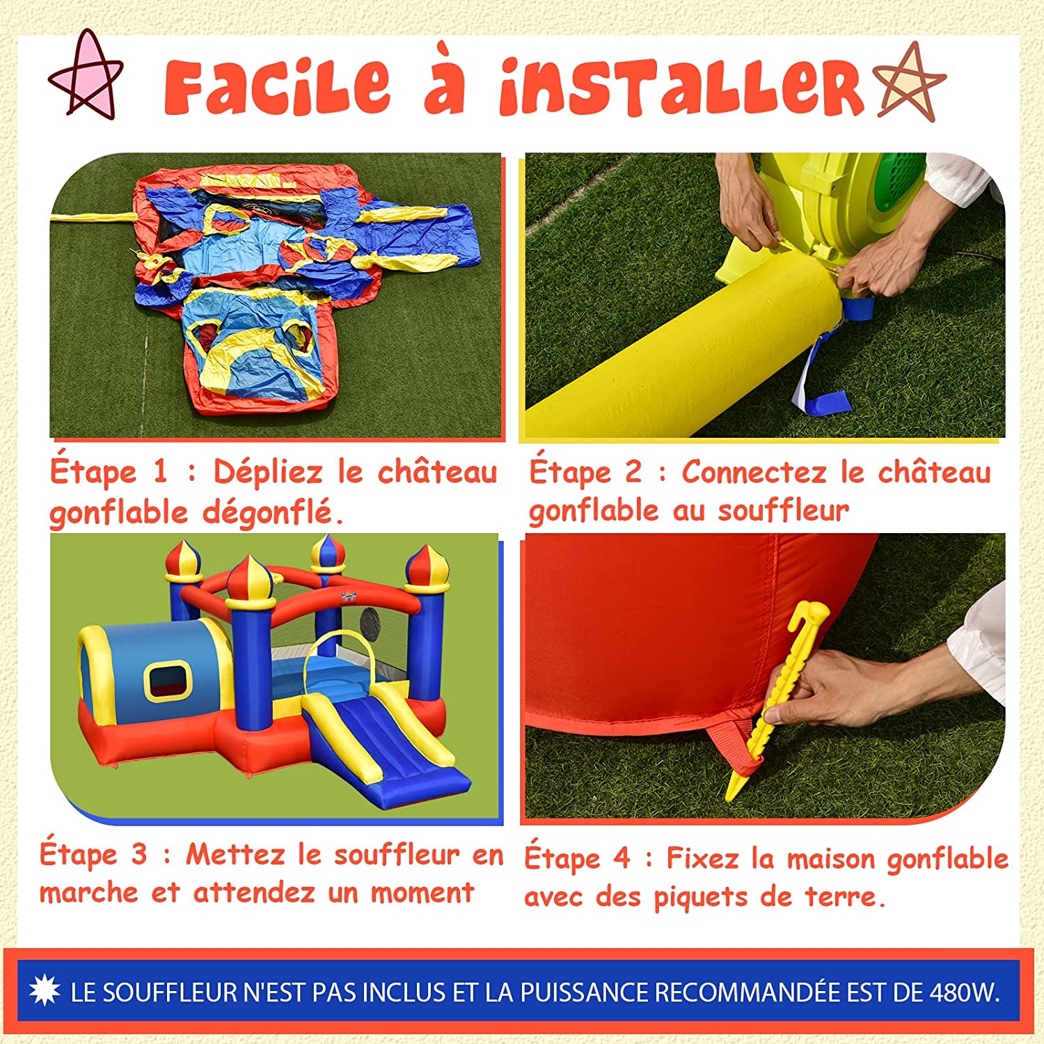 COSTWAY Château Gonflable avec 2 Toboggans et Souffleur, Aire de Jeux Gonflable avec Maison de Saut