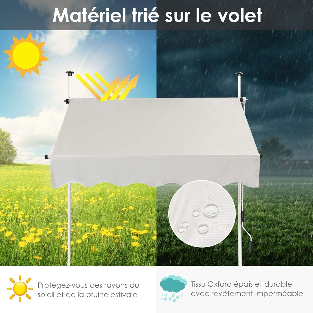 Auvent Rétractable Manuel 150x125cm Hauteur Réglable 2-3m Sans Perçage En Métal Et Tissu