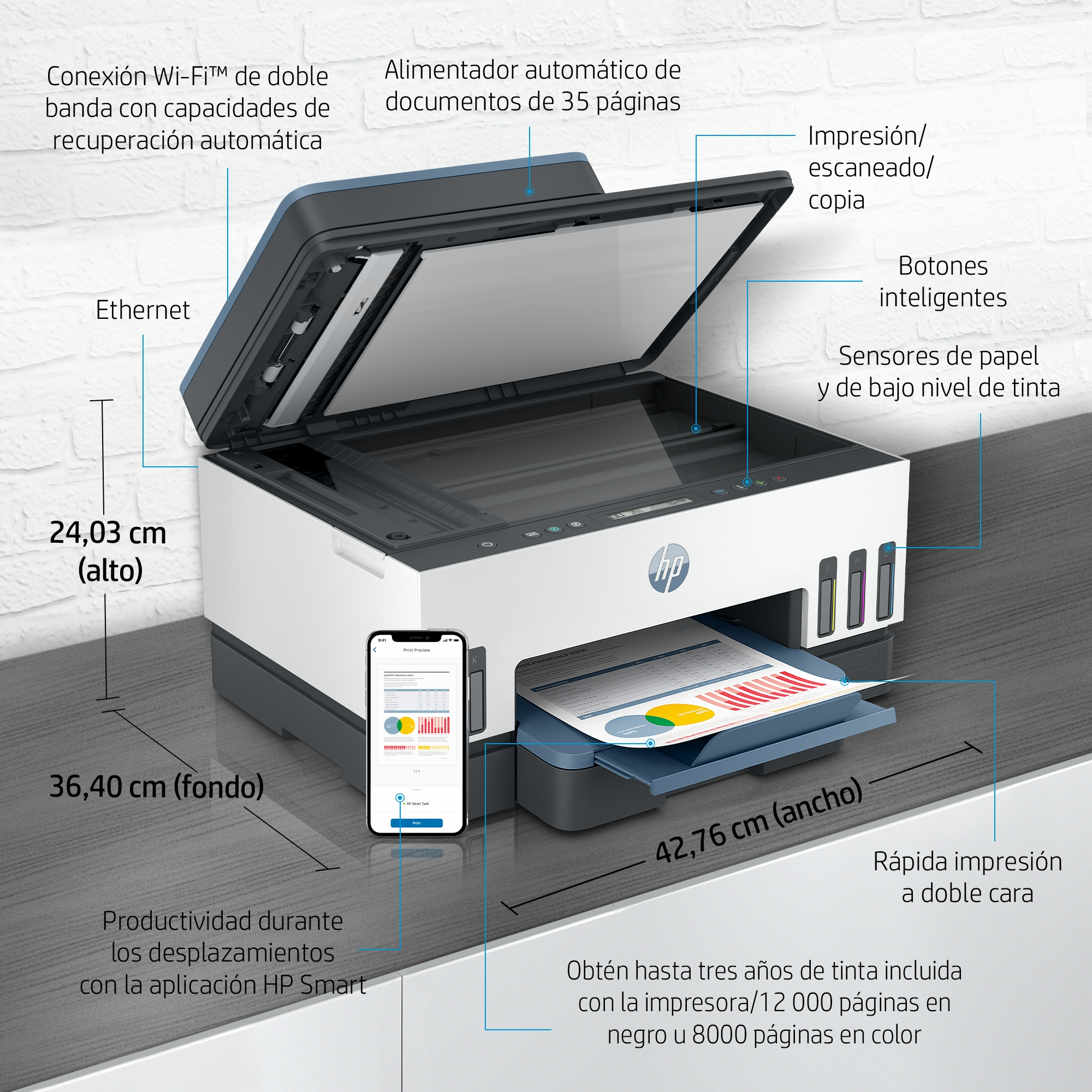 HP Smart Tank Imprimante Tout-en-un 7306, Impression, numérisation, copie, chargeur automatique de documents, sans fil, Chargeur automatique de documents de 35 pages, Numérisation vers PDF, Impression recto-verso