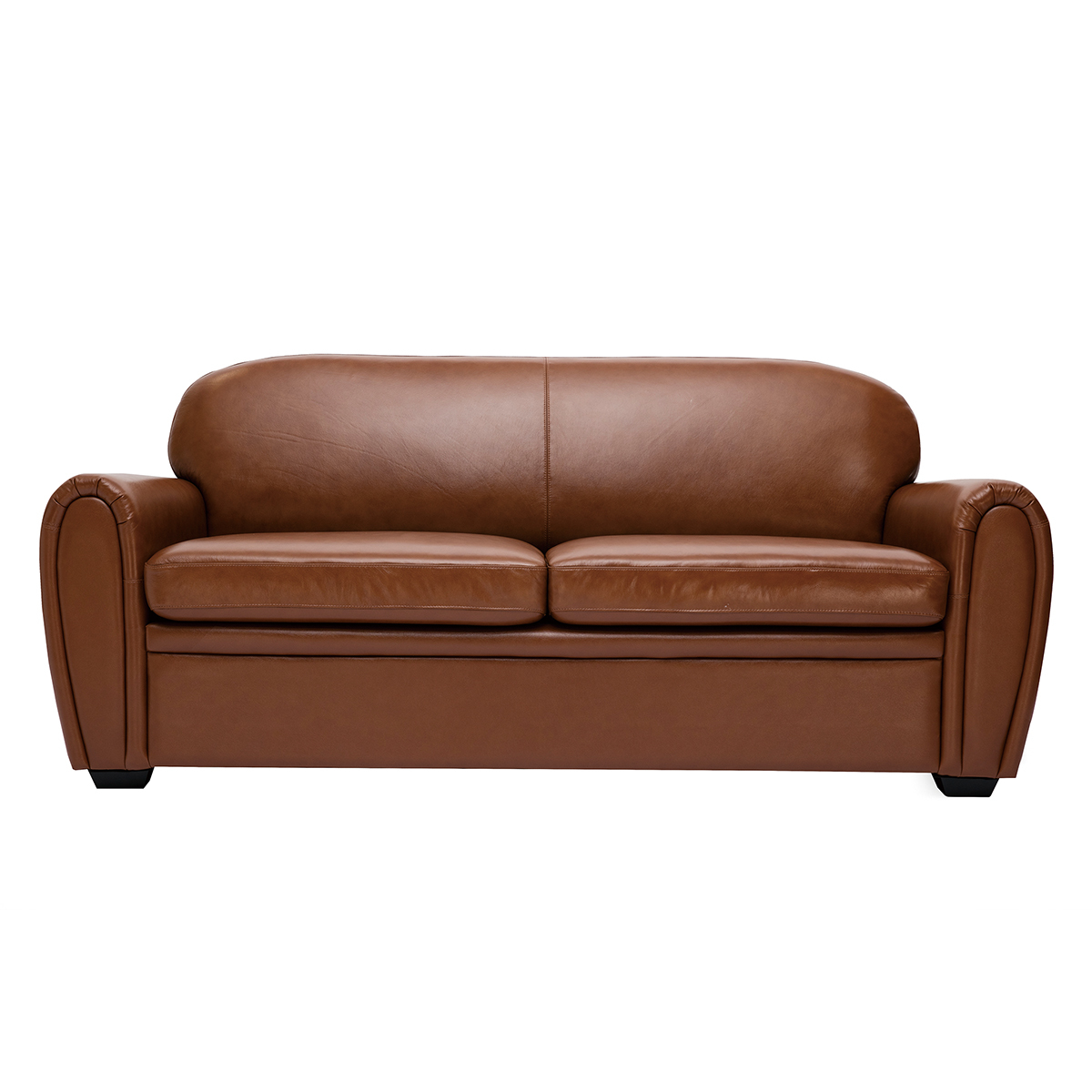 Canapé Convertible Vintage 3 Places Cuir Marron Et Bois Noir Avec Matelas 9 Cm Club