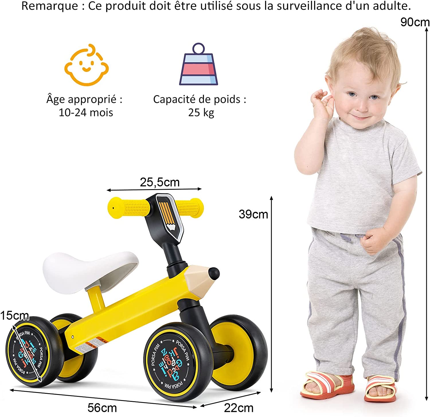 Draisienne Bébé 1 An Avec 4 Roues Silencieuses En Eva, Vélo D'équilibre Pour Bébé 12-36 Mois Avec Direction À 135°