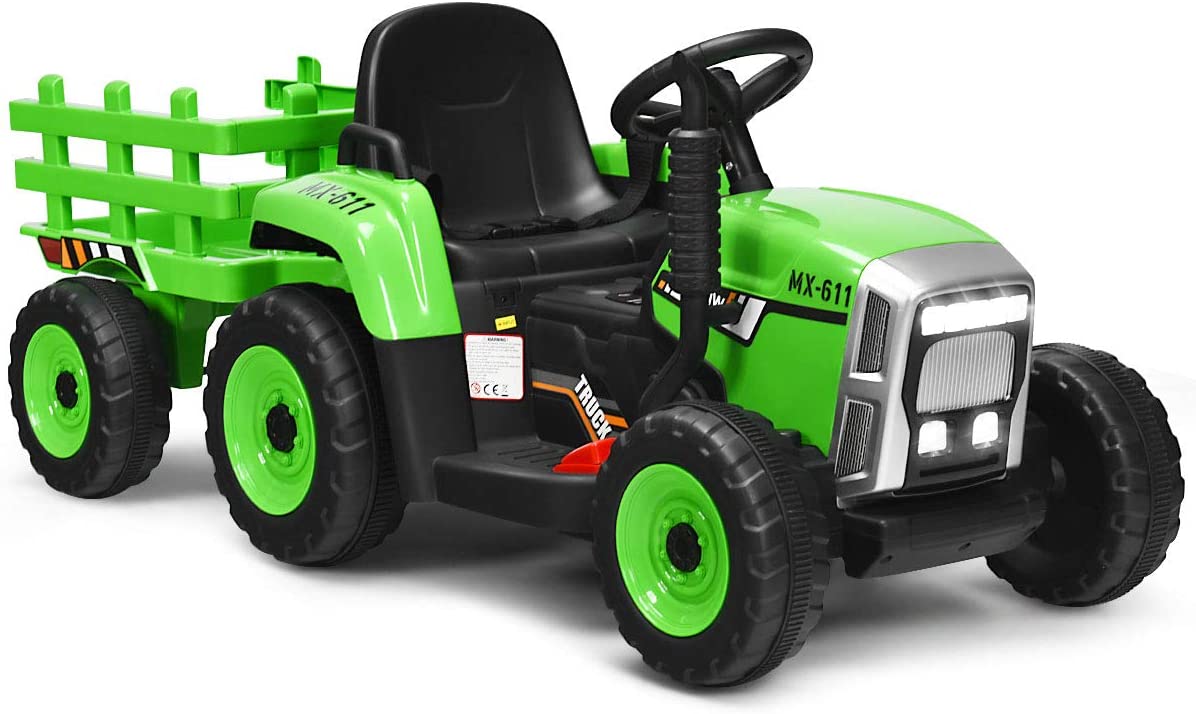 Tracteur Électrique Enfant 12V Avec Remorque Amovible - Télécommande Parentale - 2 Moteurs - Klaxon/Musique/USB/LED - Voiture à Pédales 3+ - Vert