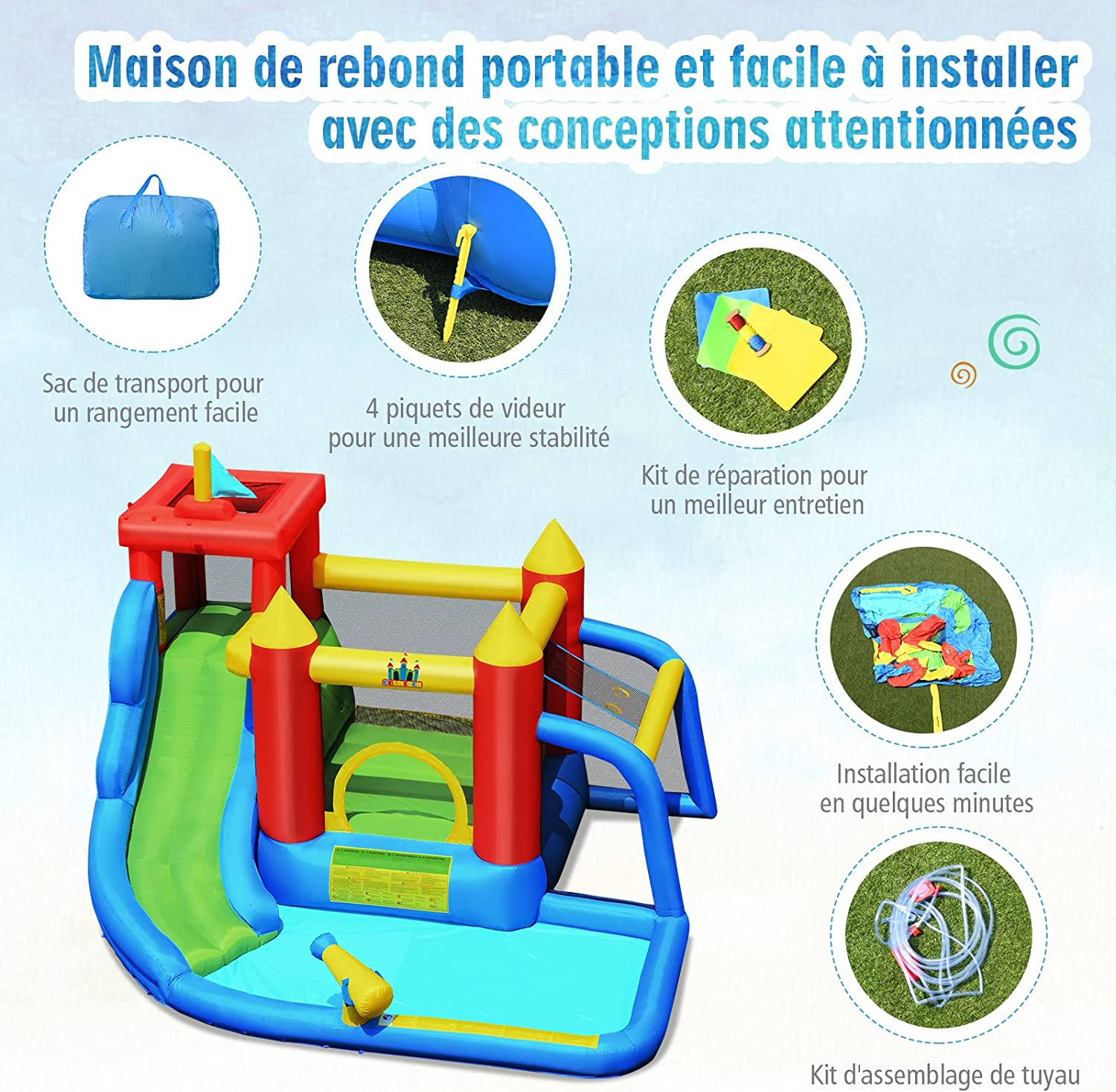 Château Gonflable COSTWAY 5-en-1 Avec Toboggan Et Souffleur 450W
