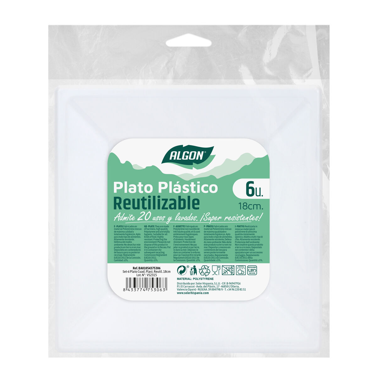 Set D'assiettes Réutilisables Algon Carré Plastique 18 Cm 6 Unités