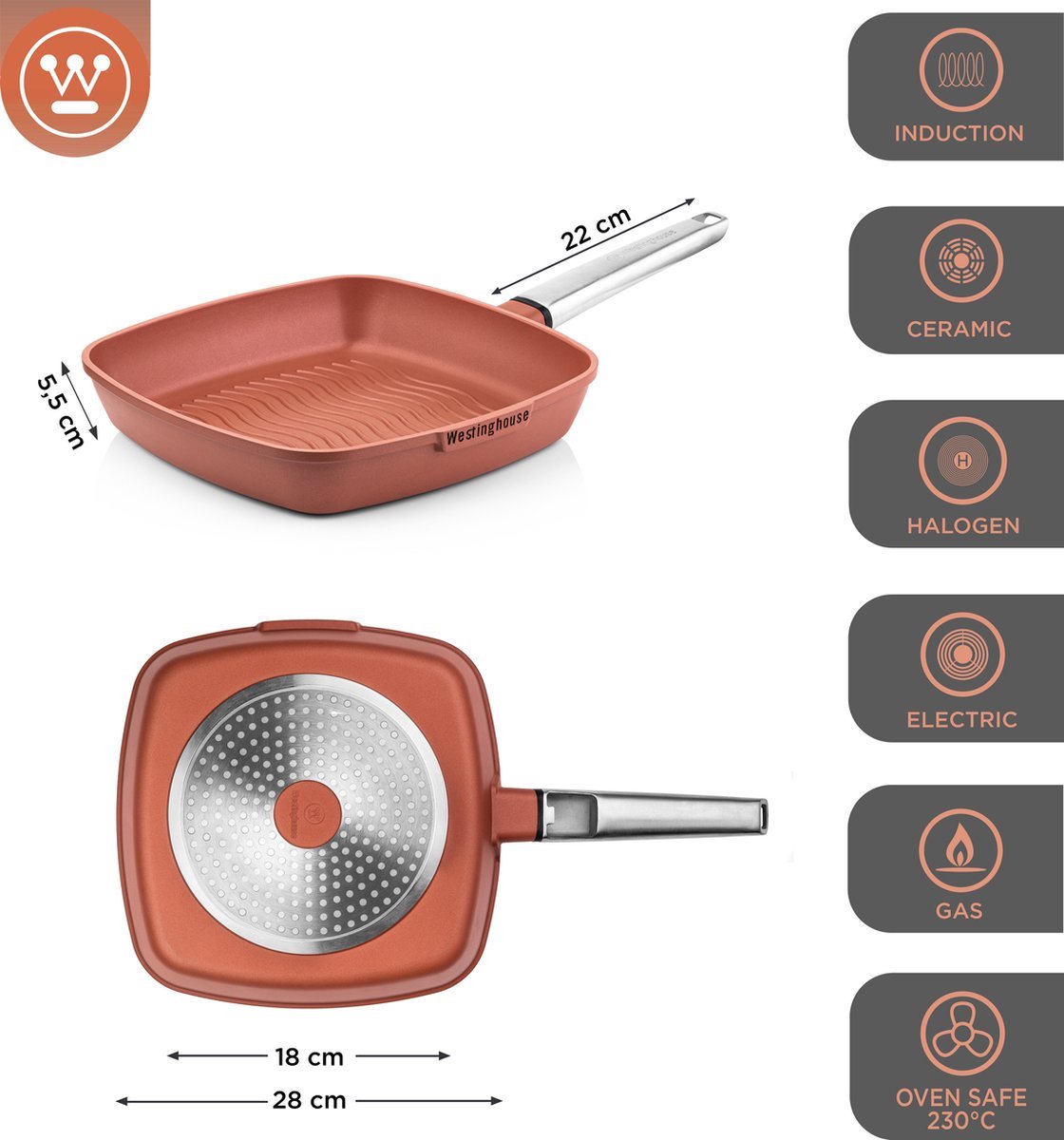 Westinghouse - Série Performance - Poêle Wok 28 Cm + Poêle Grill 28 Cm - Rouge