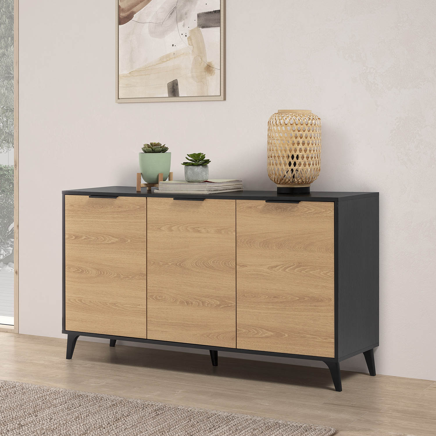Buffet Kalma 3 Portes En Noir/chêne, Largeur 136 Cm