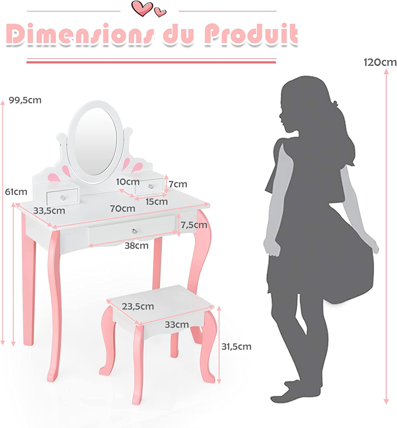 Coiffeuse Avec Tabouret Pour Enfants, Table De Maquillage En Bois Avec Miroir Pivotant À 360°