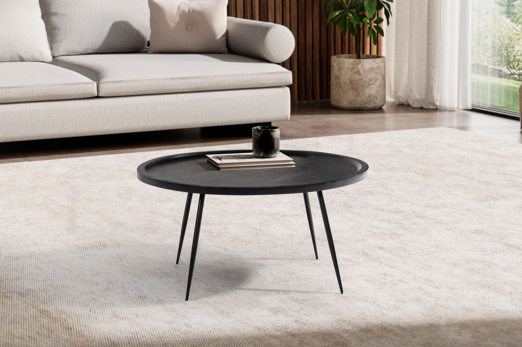 Finebuy Table Basse Café De Salon Canapé 75 Cm Bois Massif Métal Ronde Noir