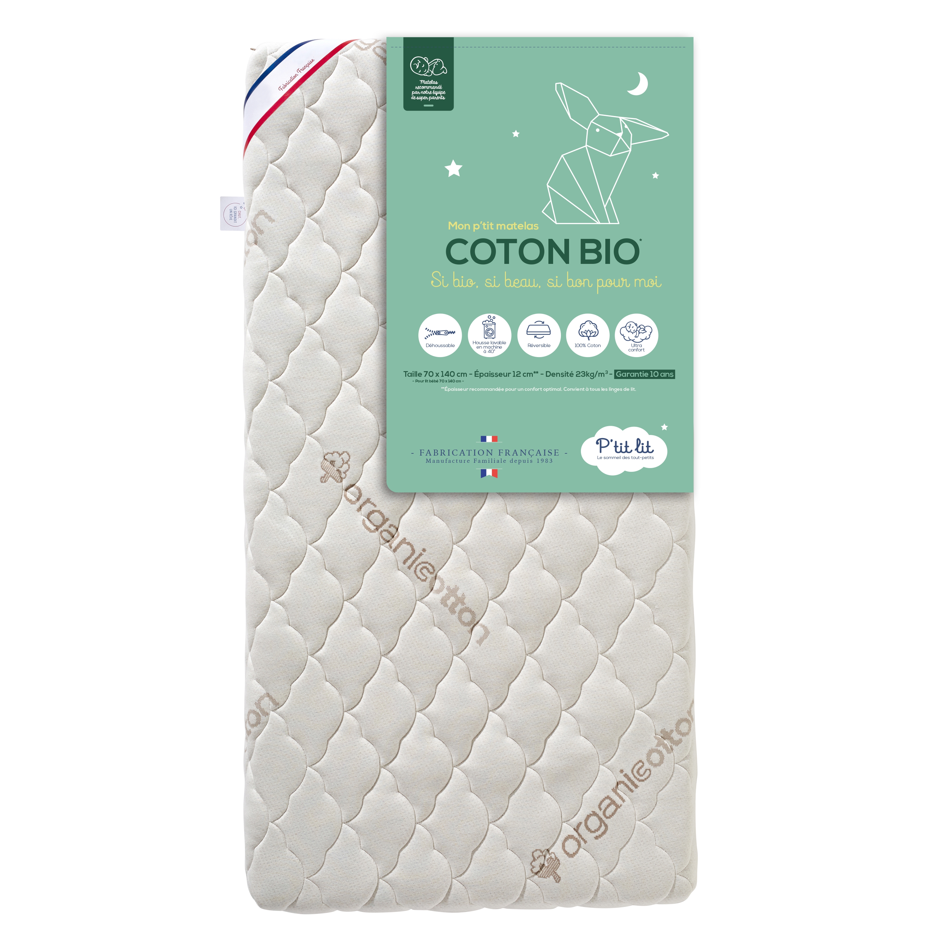 P'tit Lit - Matelas Bébé Coton Bio | 70x140 Cm | 100% Coton : Matière Naturelle D'ori