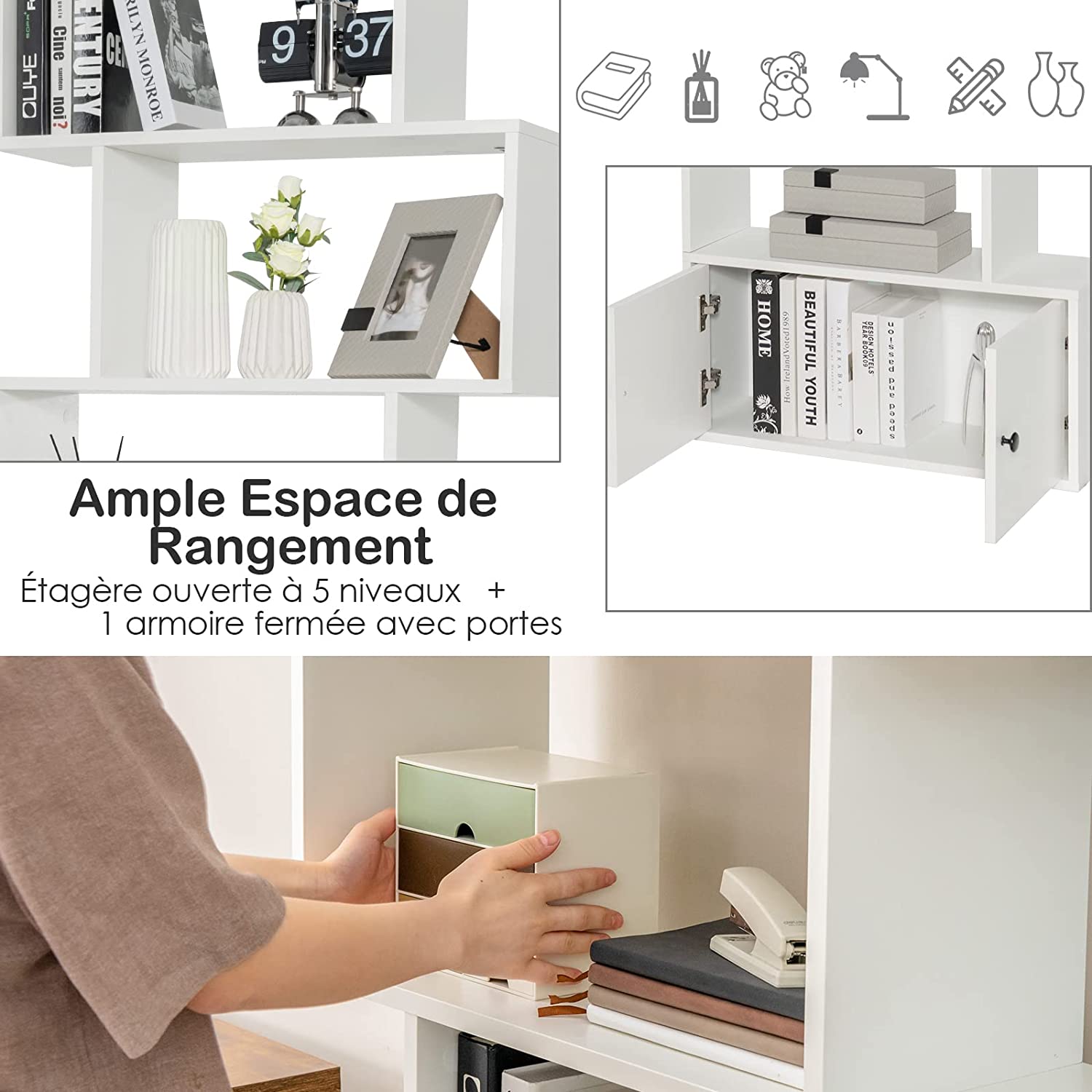 Bibliothèque À 6 Niveaux Avec 2 Portes-70 X 23 X 183 Cm-étagère De Rangement