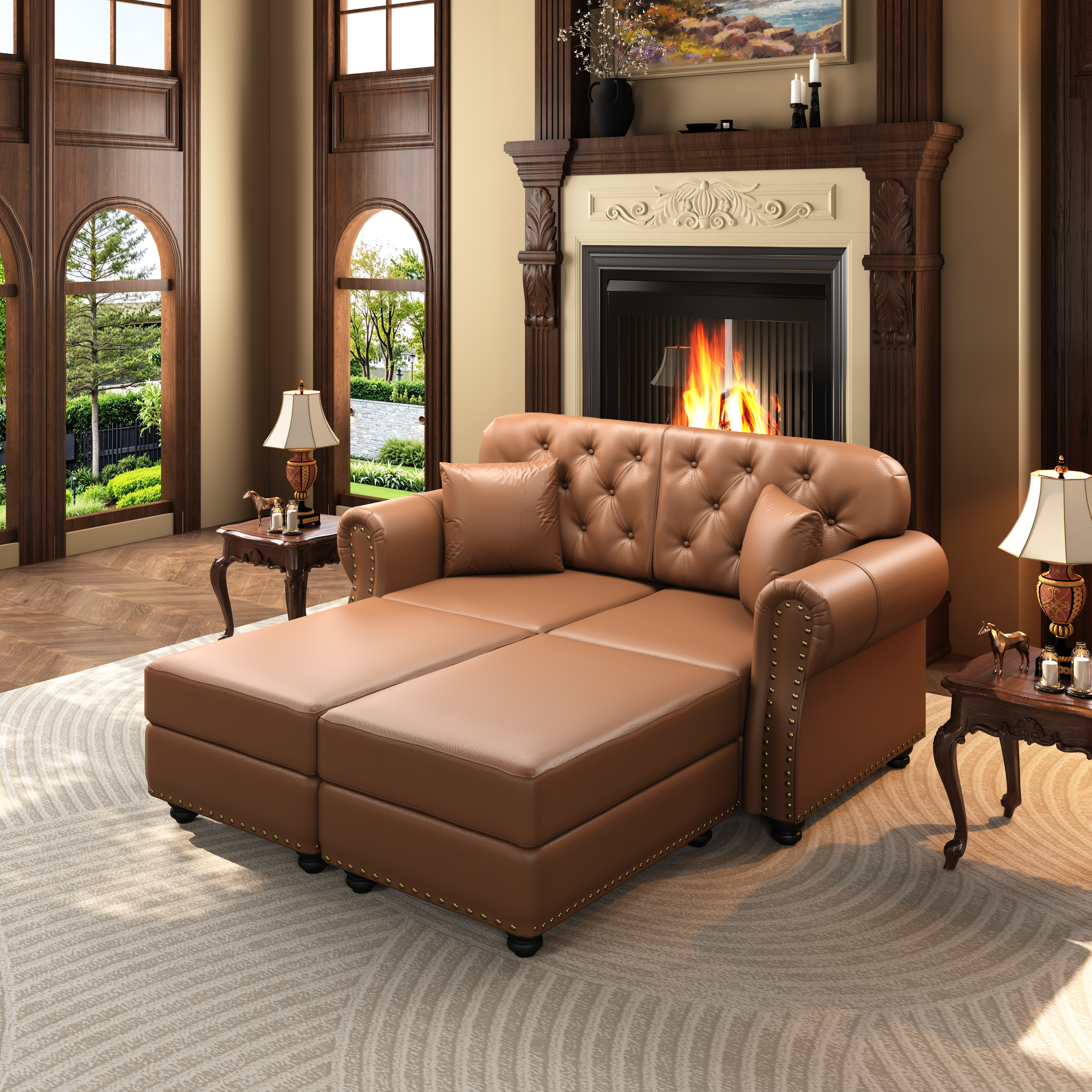 Canapé style Chesterfield 2 places + 2 poufs en revêtement simili cuir marron, 160 cm