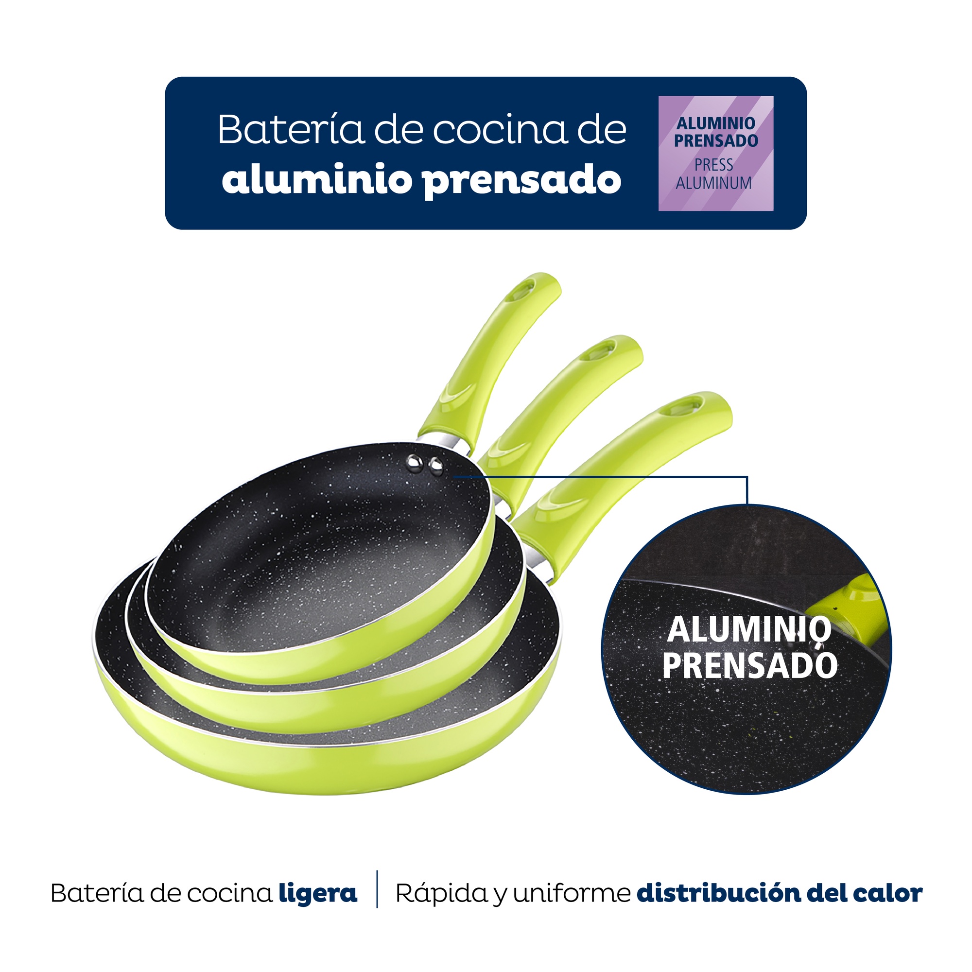 Set 3pc Poêle À Frire 20+24+28cm Aluminium Pressé Vert Avec Set 3pc Ustensiles De Cuisine Nylon Avec Set 4pc Couteaux