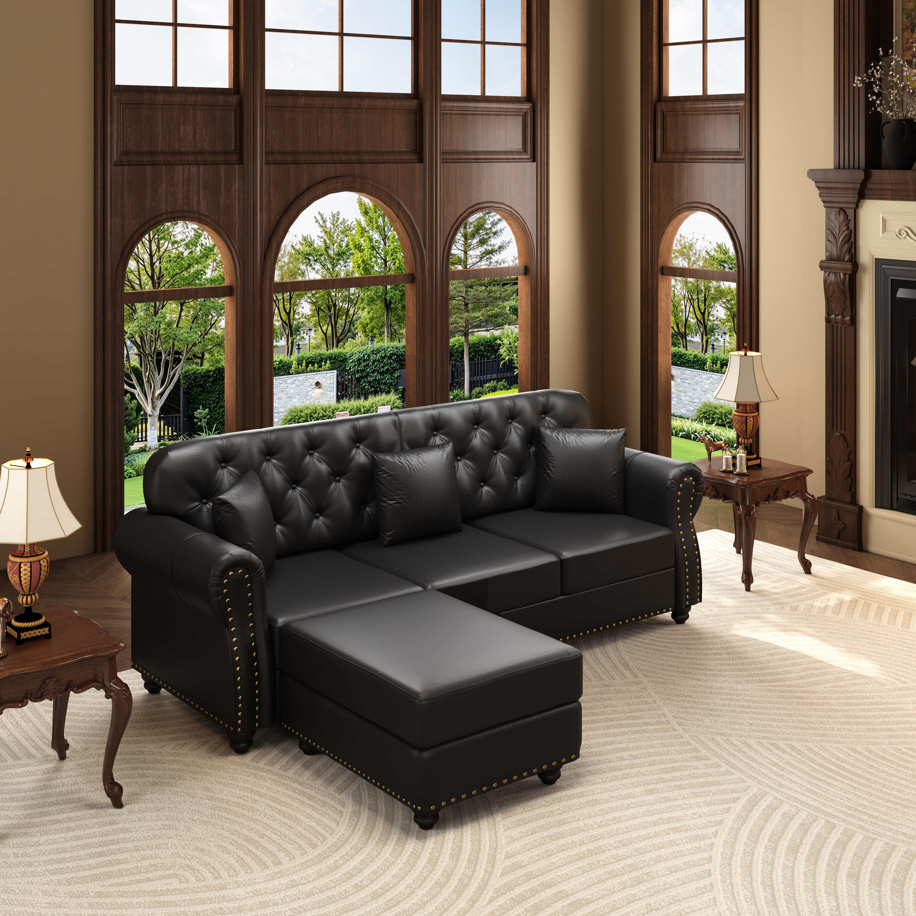 Canapé style Chesterfield 3 places + 1 pouf en revêtement simili cuir noir, 210 cm