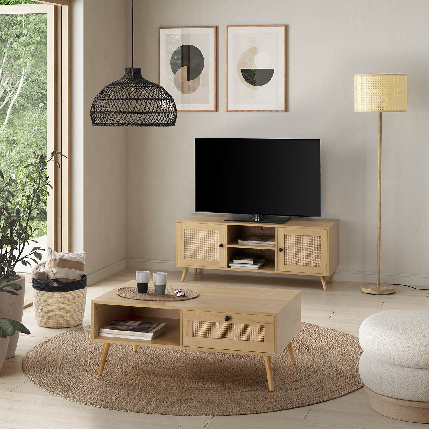 Meuble Tv Bella 2 Portes Couleur Chêne Avec Rotin Naturel