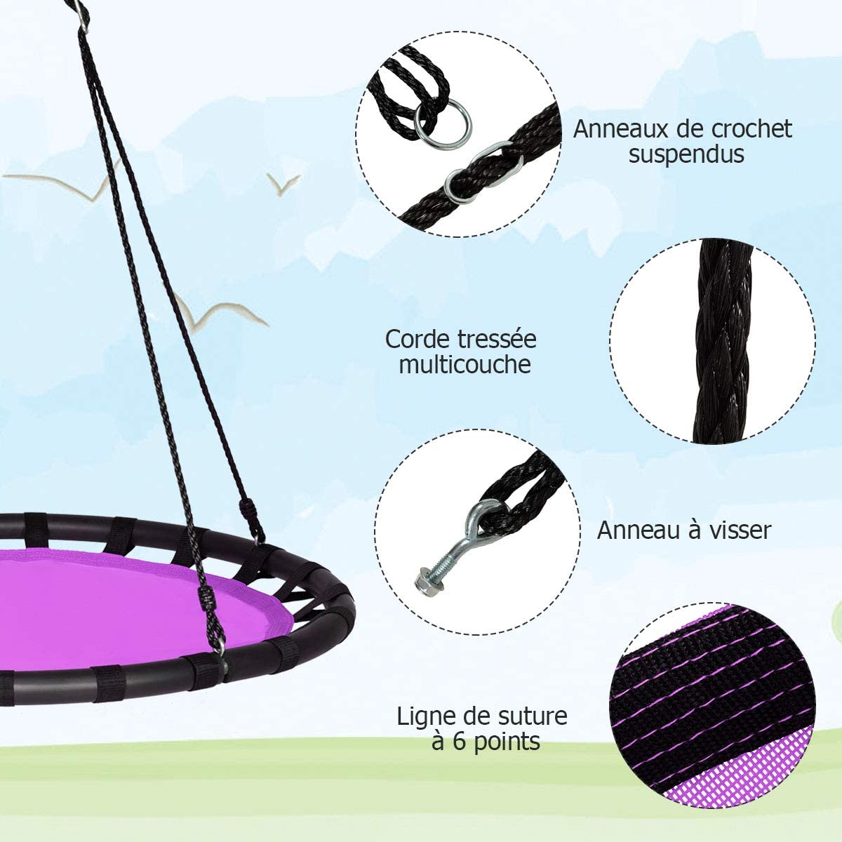 Jeux Extérieurs Enfants Balançoire Nid D'oiseau KESSER - Diamètre 100cm - 300kg Max - Avec Coussin Et Poignées - Bleu Balançoire Jardin Enfants Adultes