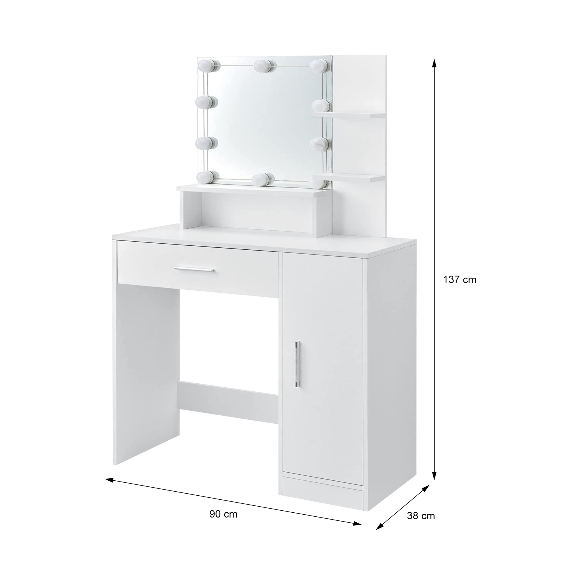 Meuble De Maquillage Coiffeuse En Mdf Avec Miroir Tiroir Et Guirlande Led Blanc