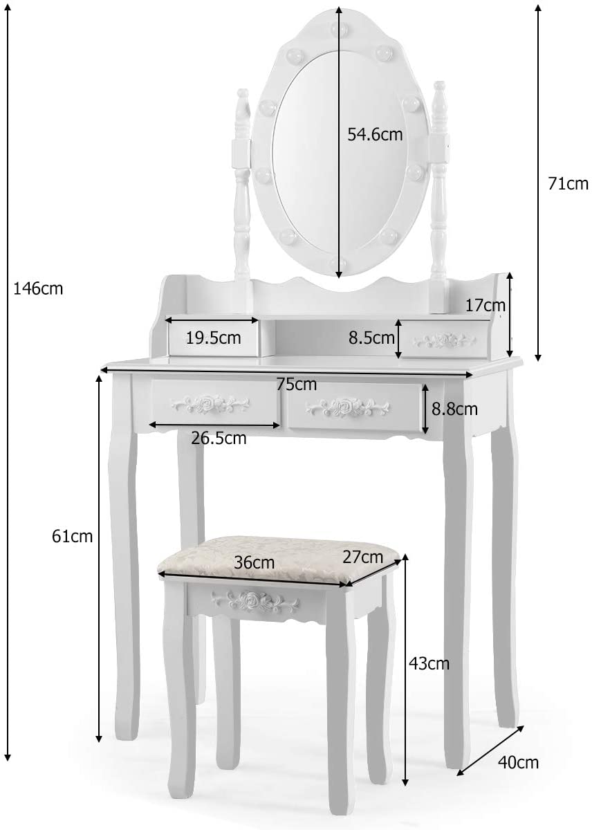 Costway Coiffeuse,table De Maquillage Avec Miroir Oval
