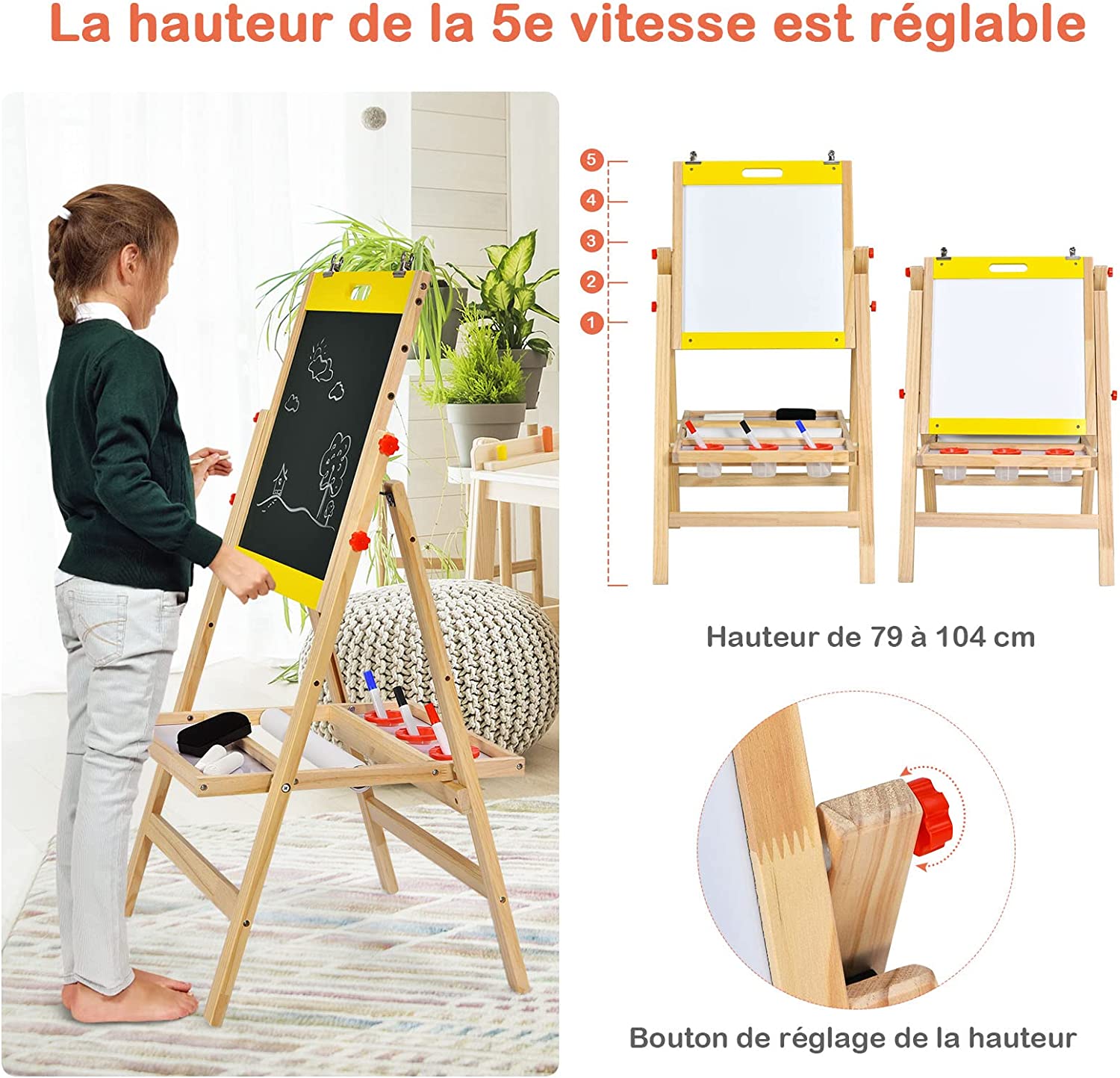 Chevalet pour enfants - Tableau blanc magnétique double face - Hauteur réglable