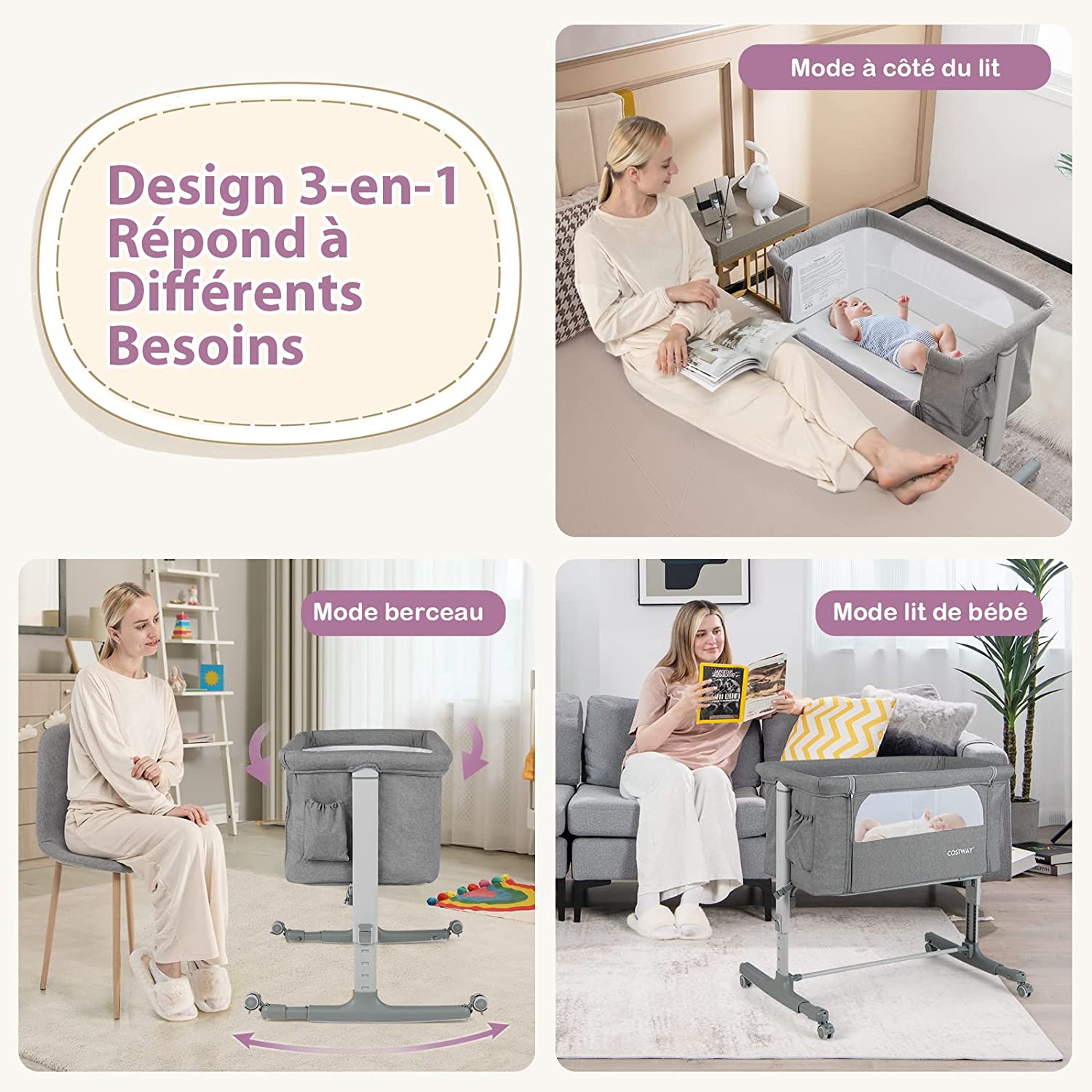 Lit Cododo Bébé 3 En 1 Avec Hauteur Réglable 5 Niveaux, Lit Berceau Inclinaison De 10° Avec Matelas Confortable