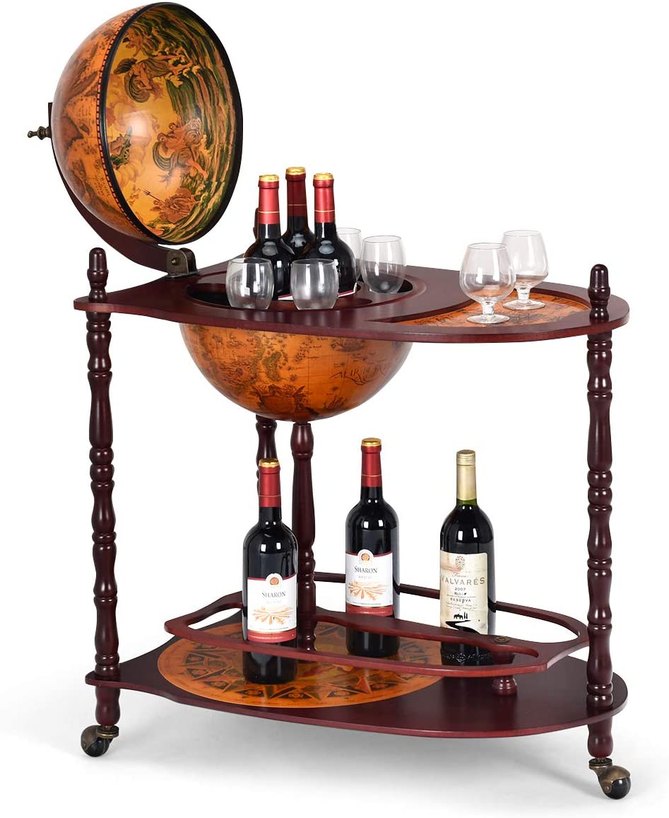 Bar Globe Terrestre Vintage Mappe Monde En Bois D'eucalyptus Avec Roulette Pour Stocker Bouteilles