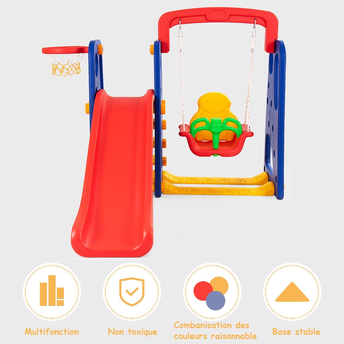 Costway Toboggan Pour Enfants 3-en-1 Avec Panier De Basketball , Balançoire, Portique
