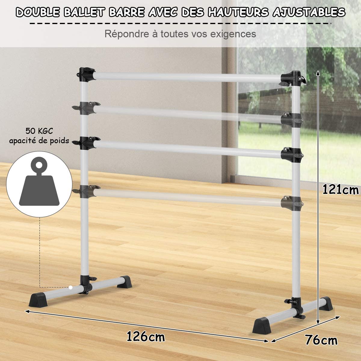 Costway Double Barre De Danse Classique Pour Stretching Avec Barre Amovible Hauteur Réglable Charge Maximal 50kg