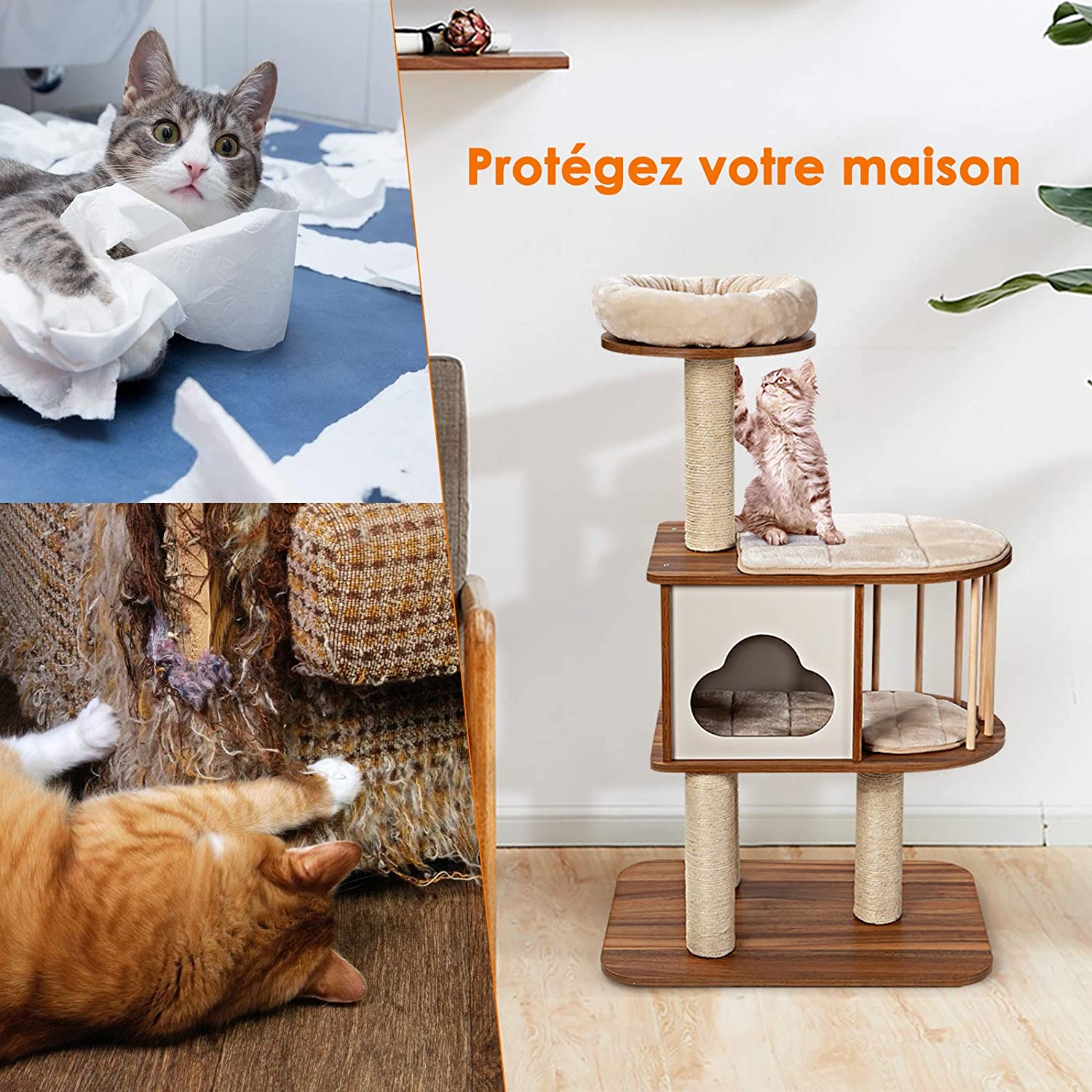 Costway  Arbre À C Hat Design Vesper H117cm En Bois Avec Plate-forme Griffoir