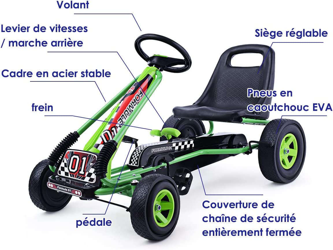 Kart À Pédales En Métal 1 Place Vert Avec Roues En Caoutchouc 101 X 61 X 62cm