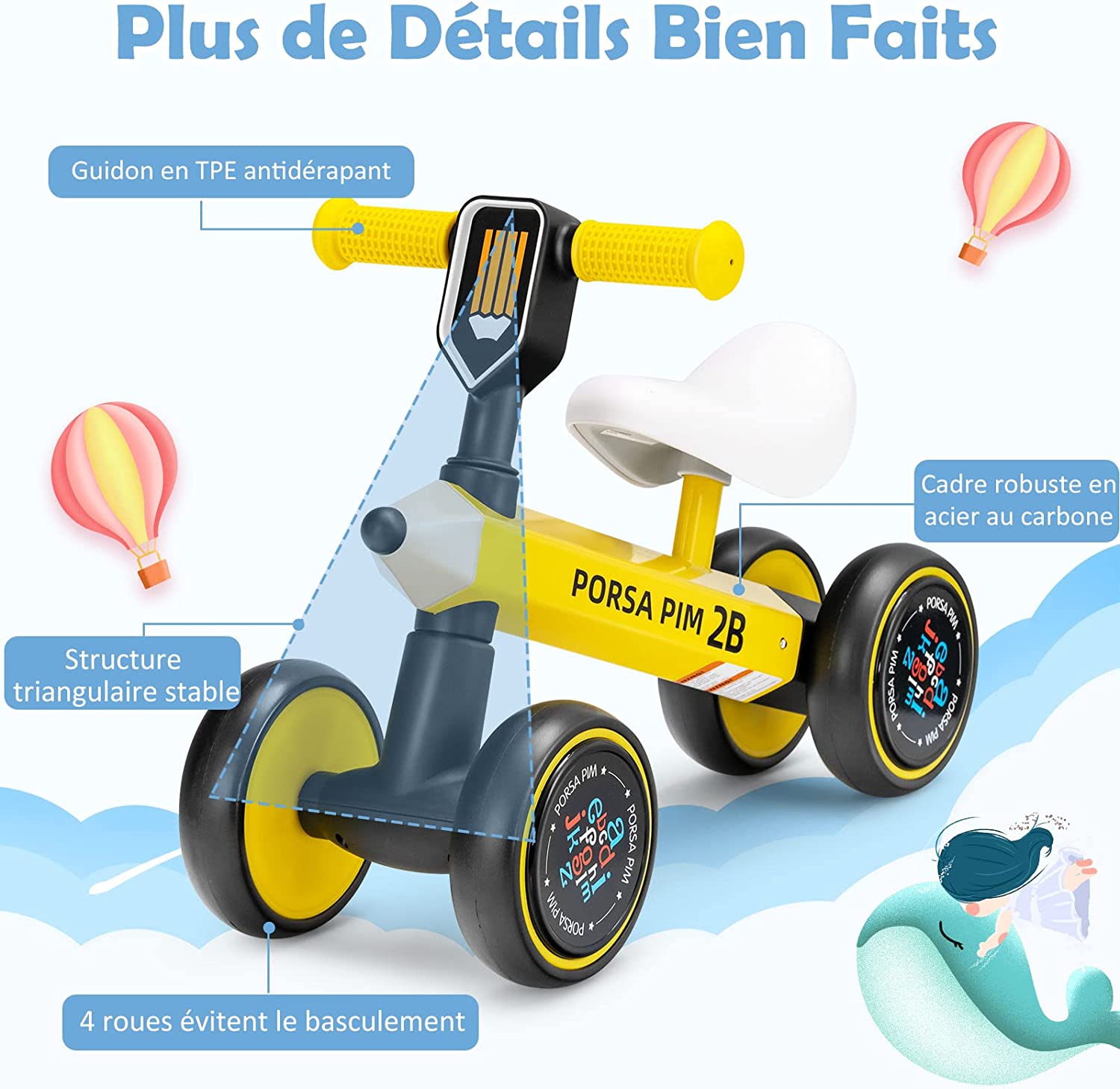 Draisienne Bébé 1 An Avec 4 Roues Silencieuses En Eva, Vélo D'équilibre Pour Bébé 12-36 Mois Avec Direction À 135°