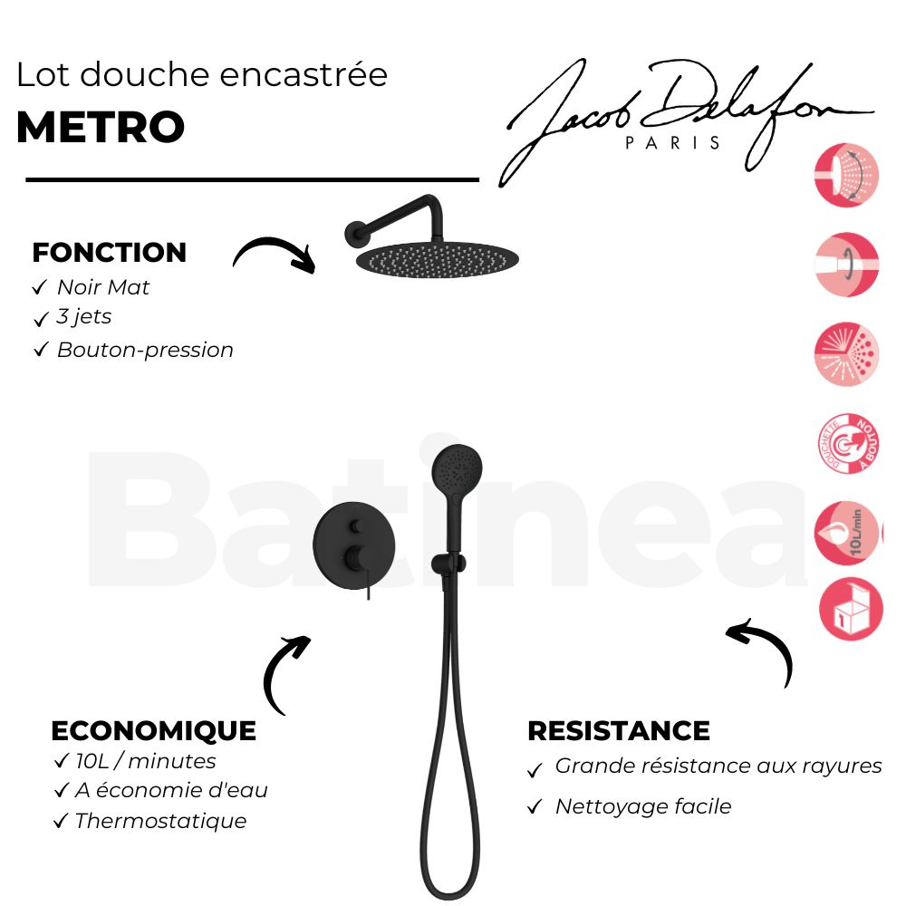 Robinet Douche Encastré Thermostatique Jacob Delafon Metro, Noir Mat | Economie D'eau