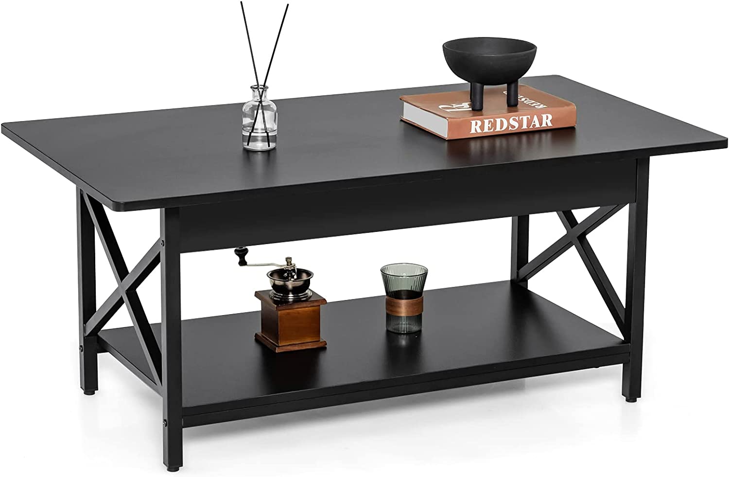 Costway Table Basse Moderne À 2 Niveaux, 110 X 60 X 48 Cm, Table De Salon Avec Cadre Métallique