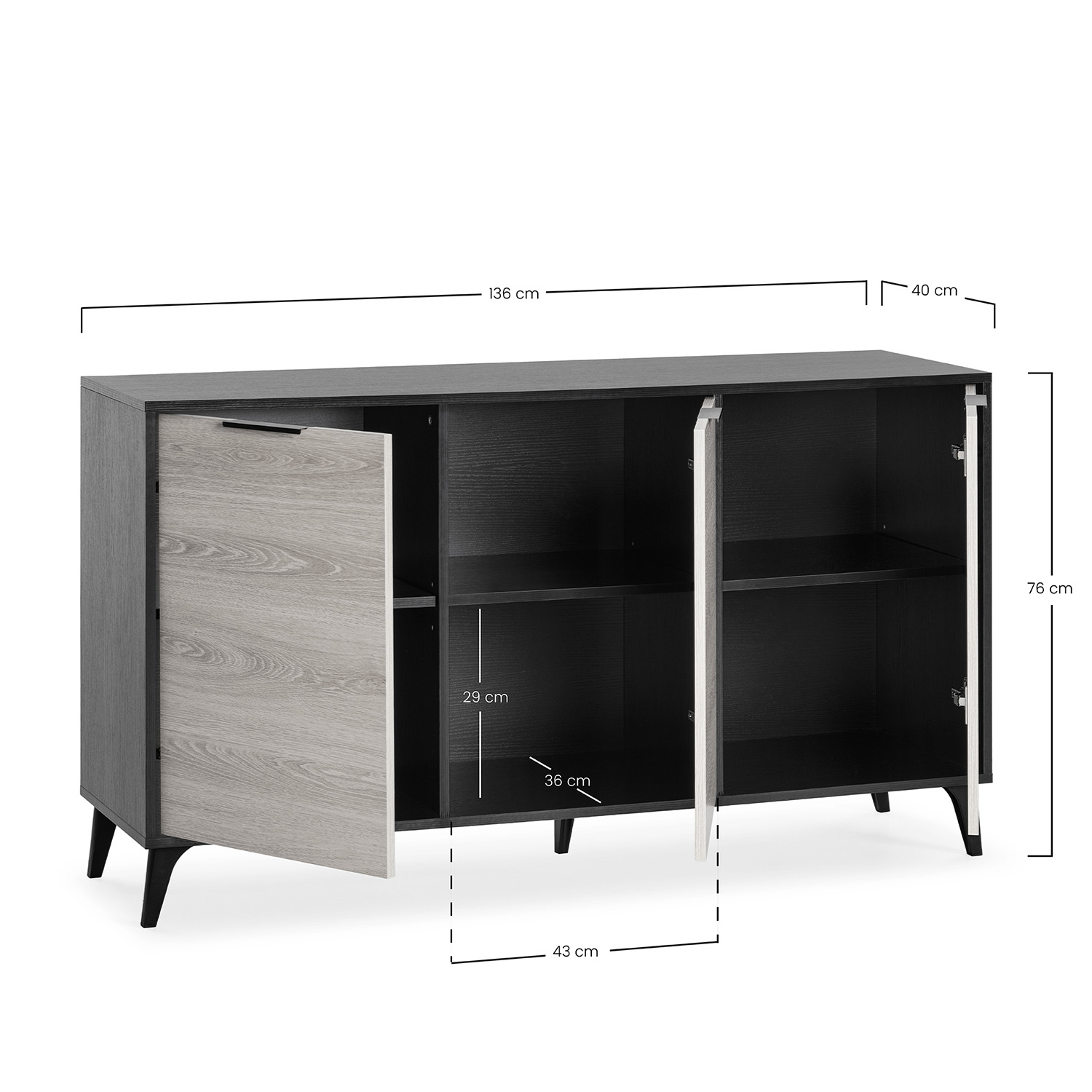 Buffet Kalma 3 Portes En Noir/chêne, Largeur 136 Cm
