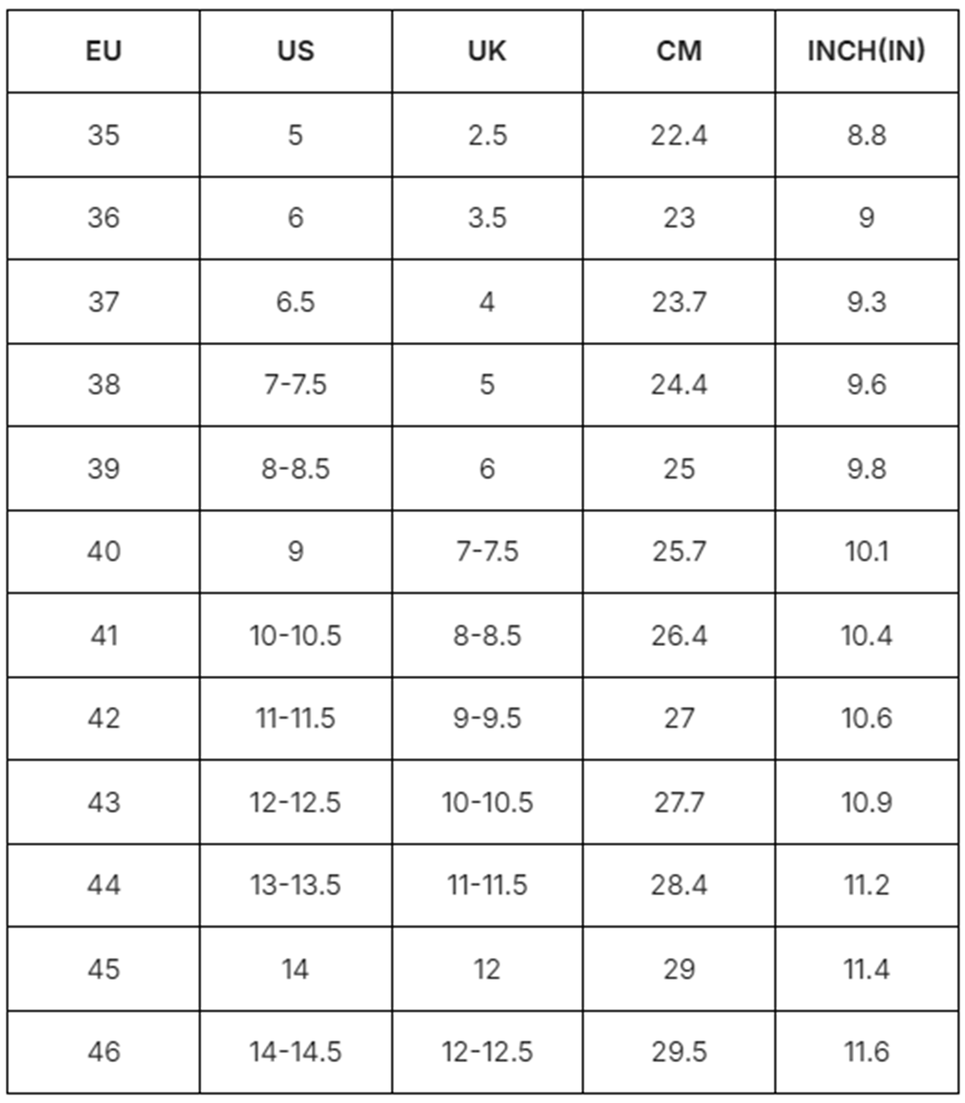 Kledingmaattabel met afmetingen voor verschillende maten.