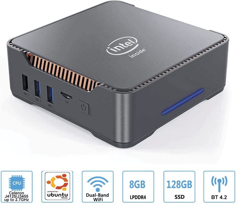 Mini Pc Linux Ubuntu, Intel Celeron J3455 Quad Core, 8 Go Ram Lpddr4, 128 Go Ssd