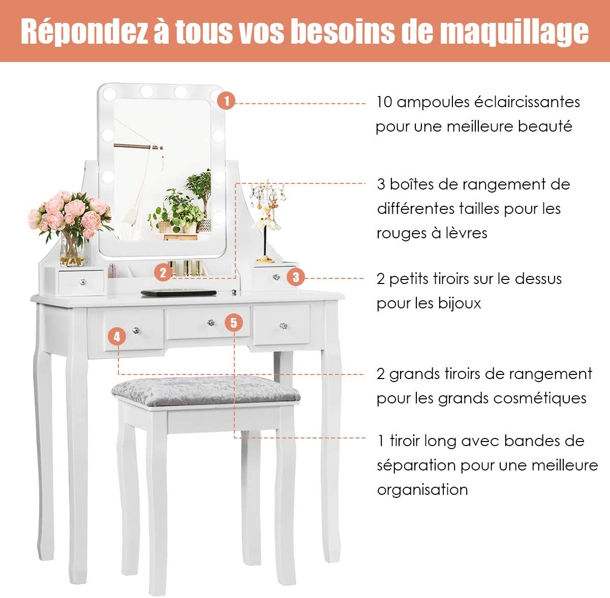 Costway Coiffeuse, Table De Maquillage Avec 10 Ampoules Led À Intensité Variable Tabouret Avec 5 Tiroirs