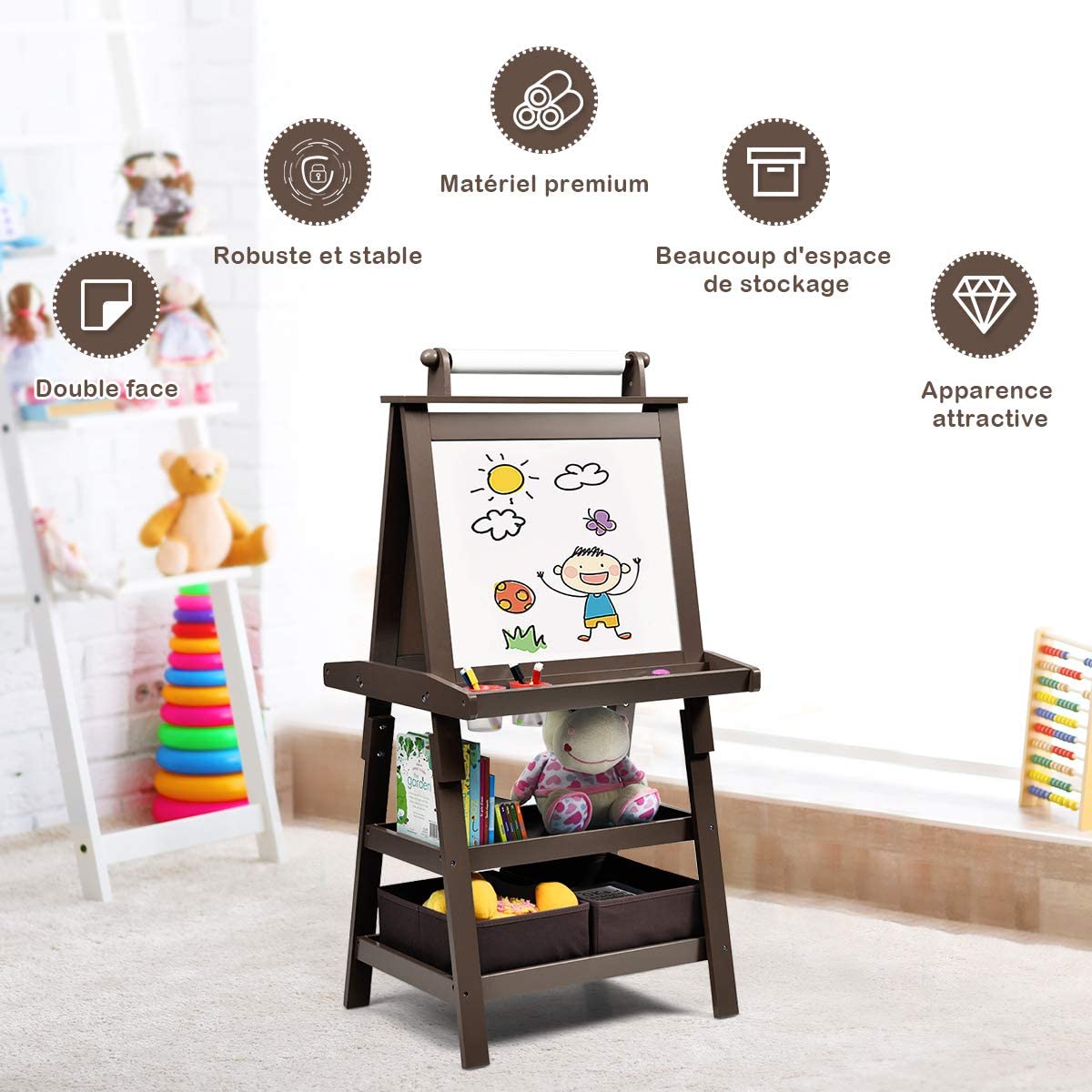 Chevalet Pour Enfants 3 En 1 Tableau De Dessin Magnétique Double Faces (tableau Blanc + Tableau Noir)