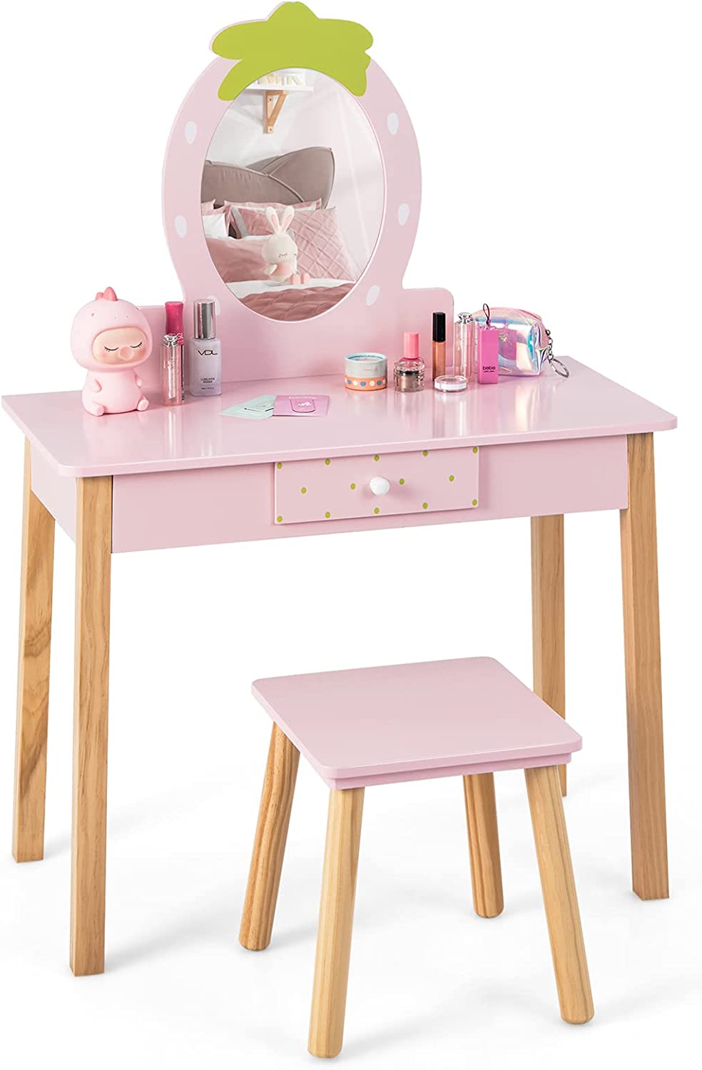 Coiffeuse Enfant Fille Avec Miroir Amovible, Table Maquillage 2 En 1 Avec Tabouret, Tiroir Et Peigne