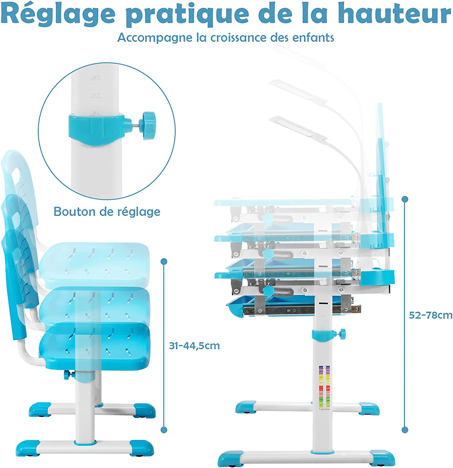 Ensemble Bureau Et Chaise Pour Enfants Avec Éclairage Led, Plateau Incliné Et Tiroir Coulissant