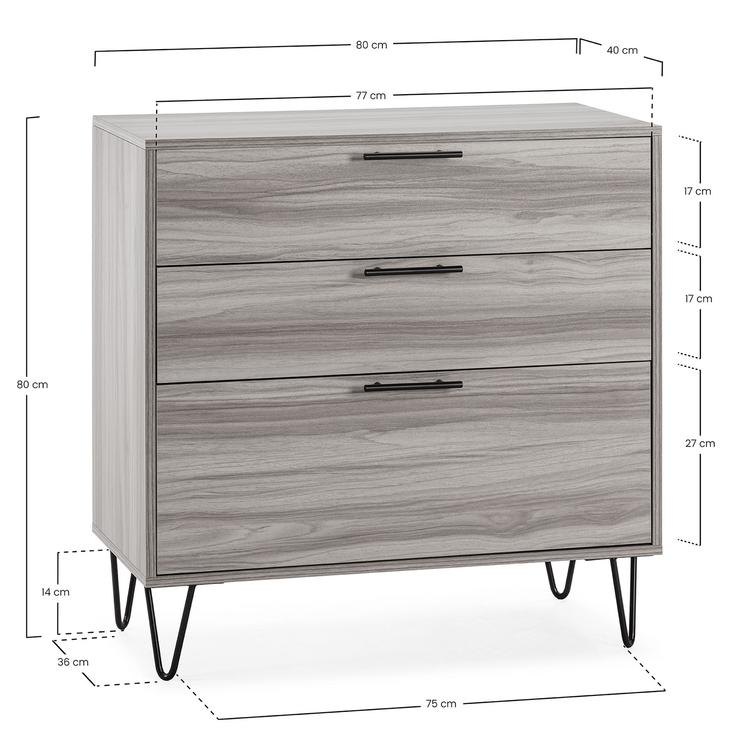 Commode De Nuit Alma 3 Tiroirs, Coloris Bois, Pieds Métal