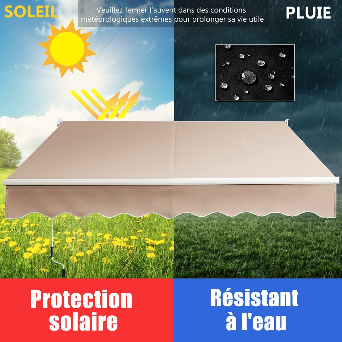 Auvent Rétractable Manuel, Angle Ajustable 40°-100° Sans Perçage En Aluminium Et Tissu