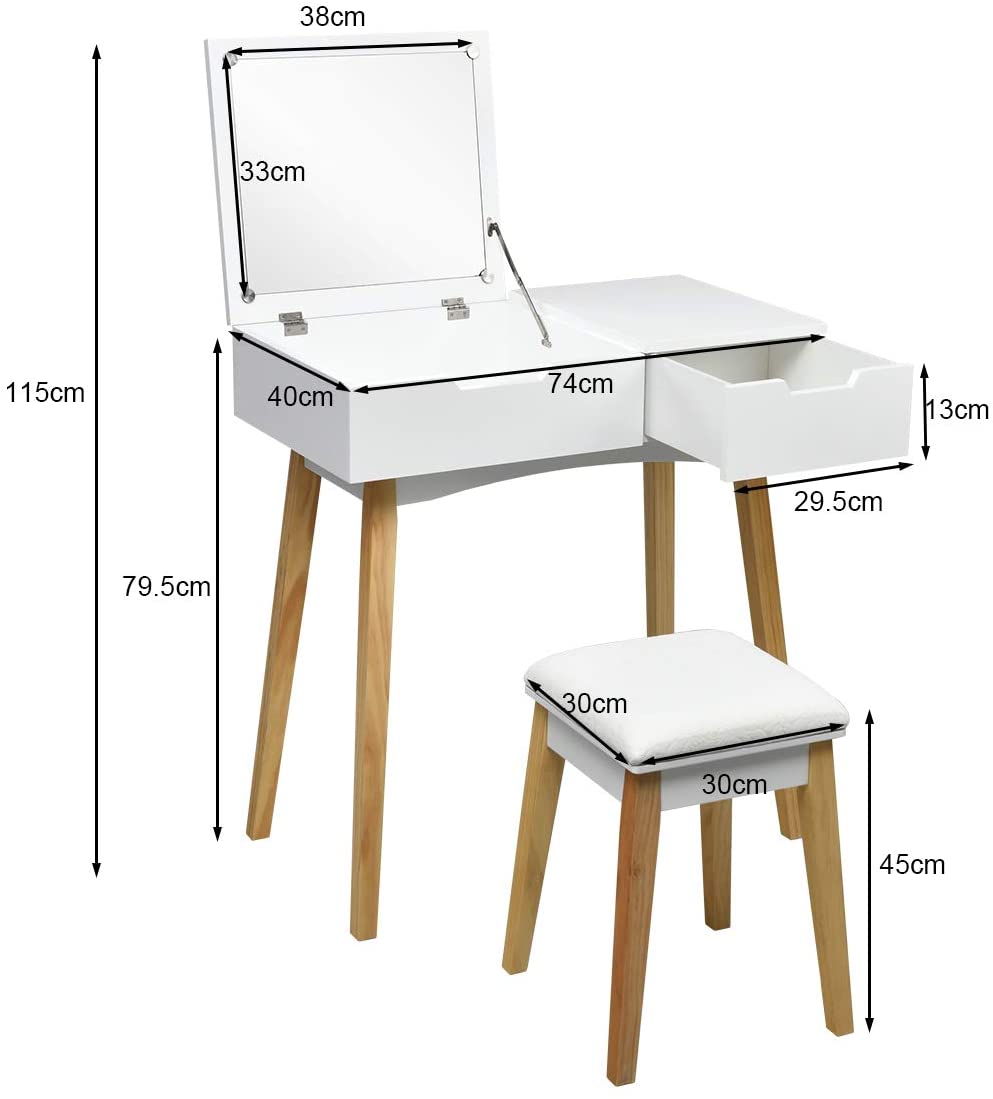 Costway Coiffeuse, Table De Maquillage Avec 1 Miroir Carré Rabattable,1 Tabouret Capitonné