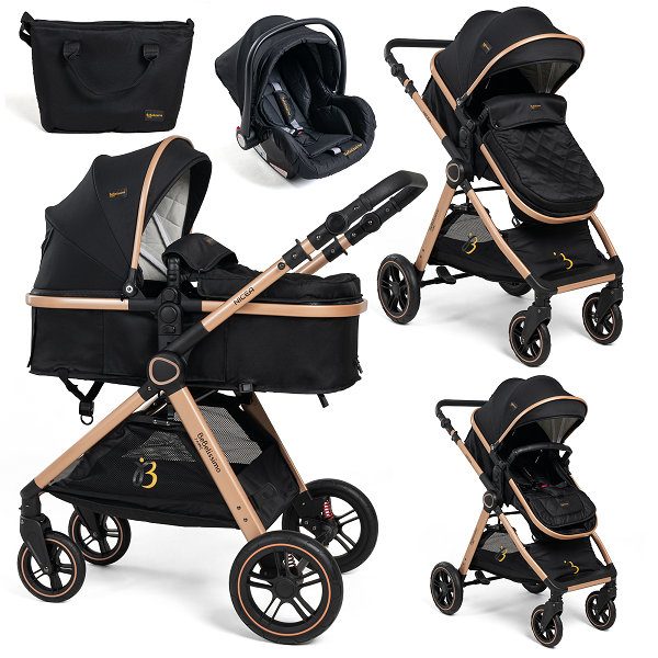 Bebelissimo - Poussette Combinée Trio 3 En 1 - Siège Auto 0m – Nacelle – Dès La Naissance – Jusqu’à 22kg – Nicea - Noir