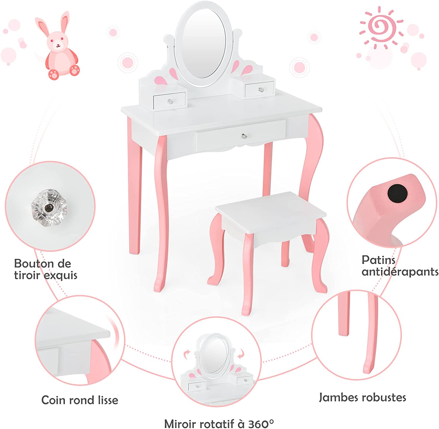 Coiffeuse Avec Tabouret Pour Enfants, Table De Maquillage En Bois Avec Miroir Pivotant À 360°