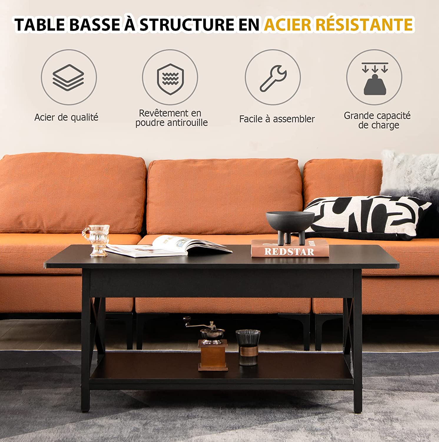 Costway Table Basse Moderne À 2 Niveaux, 110 X 60 X 48 Cm, Table De Salon Avec Cadre Métallique