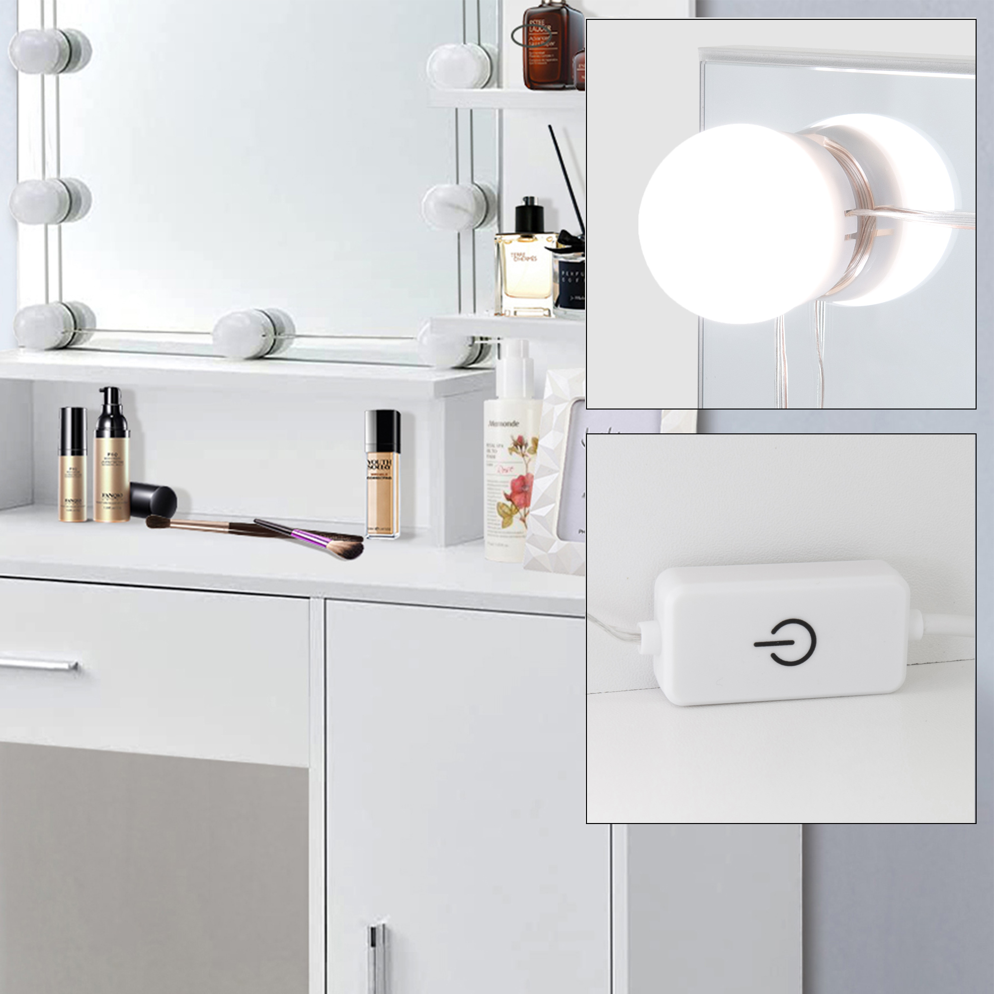 Meuble De Maquillage Coiffeuse En Mdf Avec Miroir Tiroir Et Guirlande Led Blanc