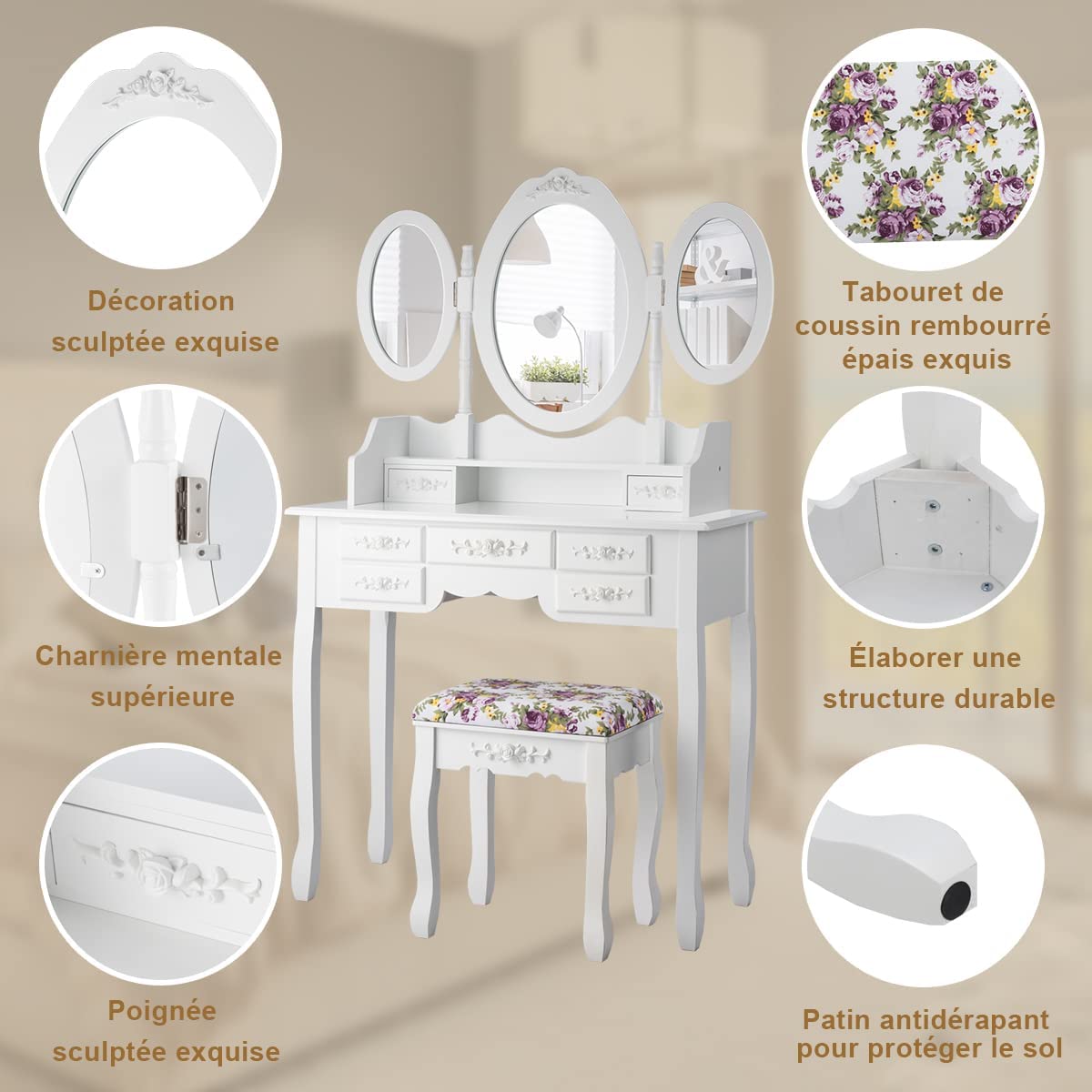 Console coiffeuse en bois beige patiné avec miroir et rangements - GARANCE