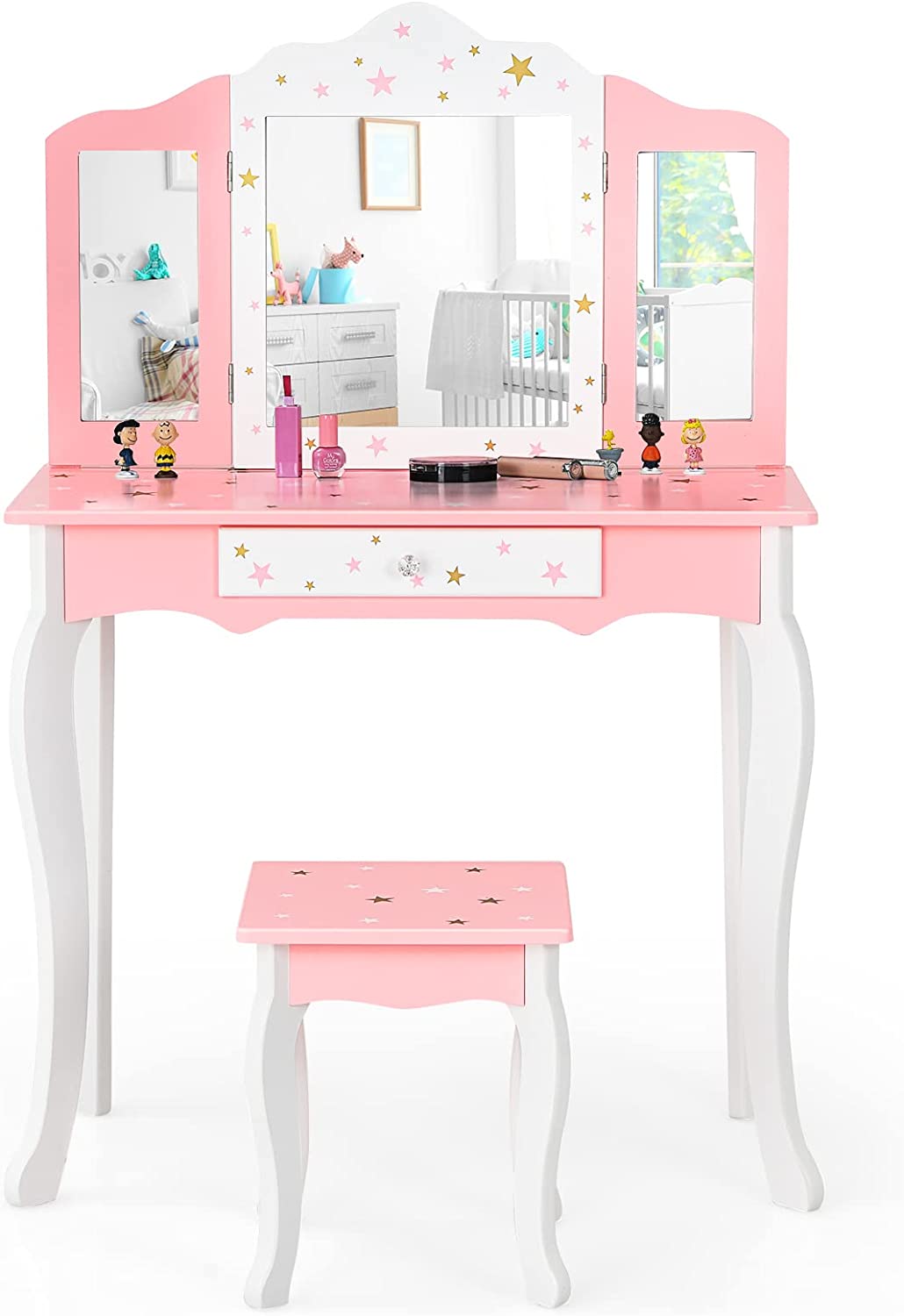 Coiffeuse Avec Tabouret/table De Maquillage Pour Enfants Avec Miroir Pliable À 3 Pans, Tiroir
